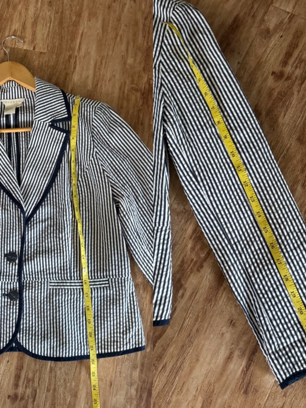 Sandro Cotton Blazer Blue White Stripe Nautical Styling Seersucker Jacket Large - Picture 15 of 16